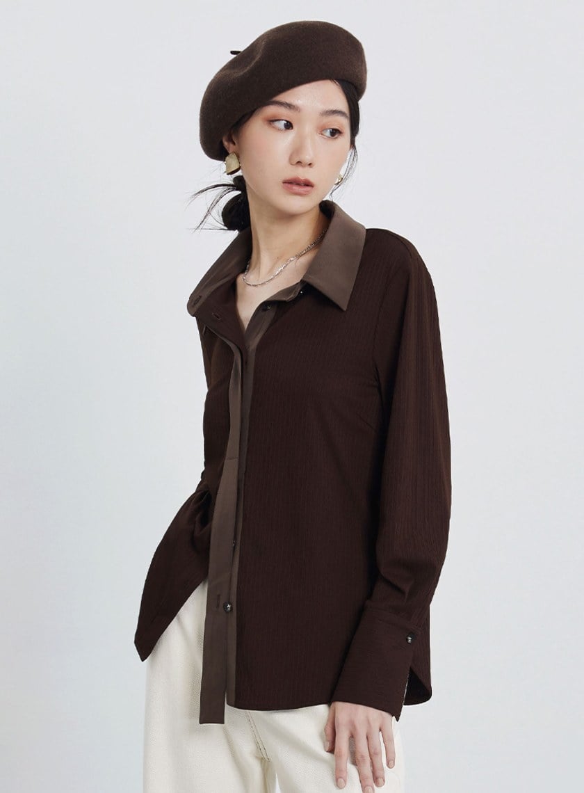 異材質拼接長袖襯衫